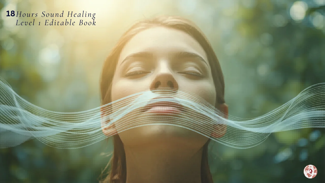 18 Hour Sound Healing Level 1 Editable Book featuring singing bowls, meditation, chakra healing, and professional wellness education resources.