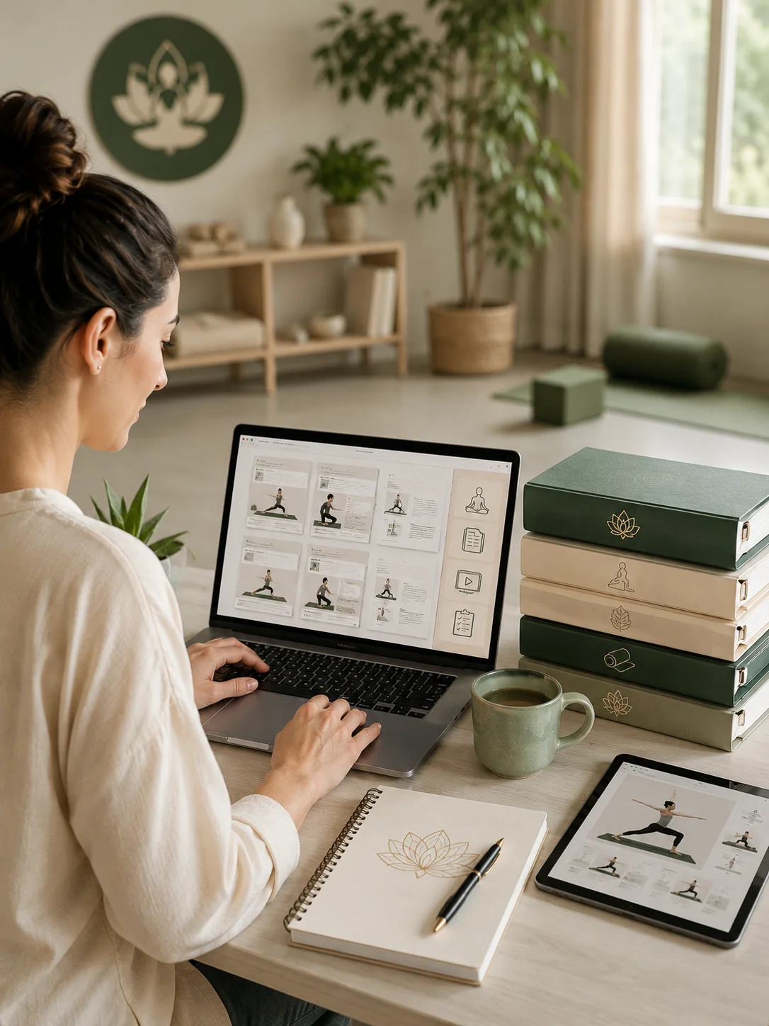 Professional yoga education workspace with digital training resources, yoga course curriculum, student learning materials, and wellness teaching support.