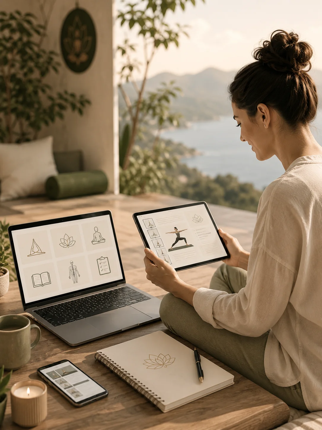 Yoga teacher accessing digital yoga training resources and wellness education materials from multiple devices in a peaceful remote workspace.