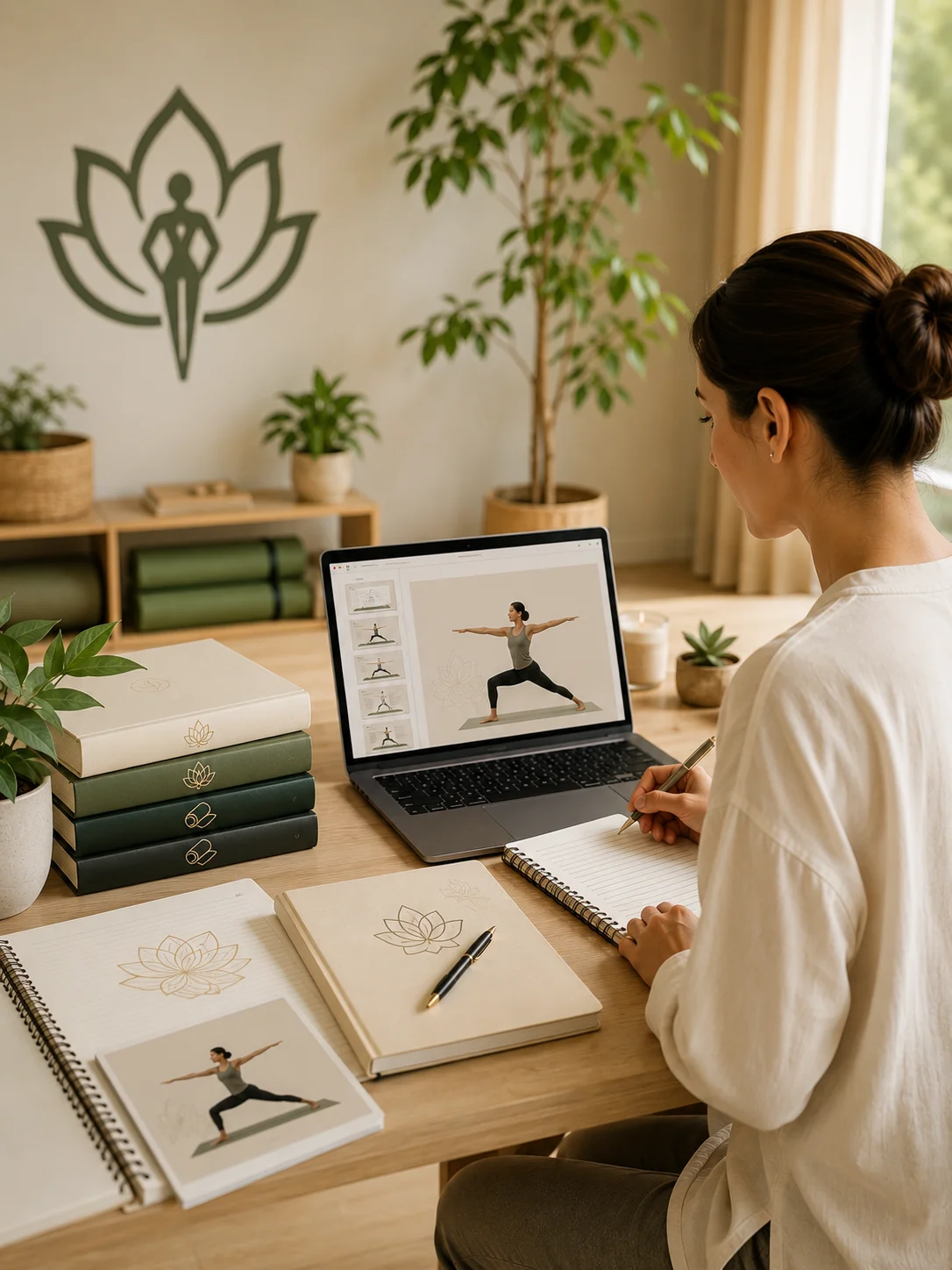Yoga teacher using WYA curriculum resources and professional training materials to simplify yoga course preparation and content creation.