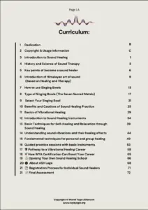 Structured sound healing training syllabus featuring singing bowls, healing frequencies, meditation practices, and professional wellness education modules.