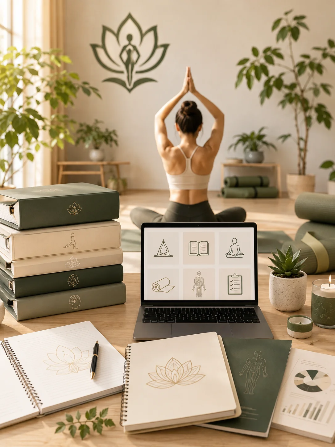 Modern yoga and wellness education workspace with digital learning resources, professional training materials, and holistic wellness study environment.